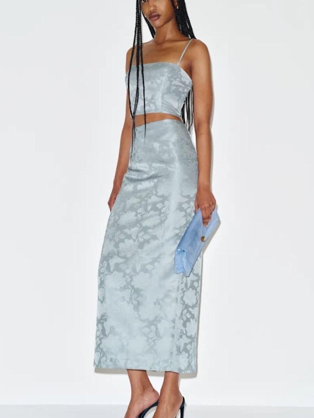 NEW Reformation Nima Two Piece Skirt Set in Blue Cornflower Jacquard | US 2 UK6